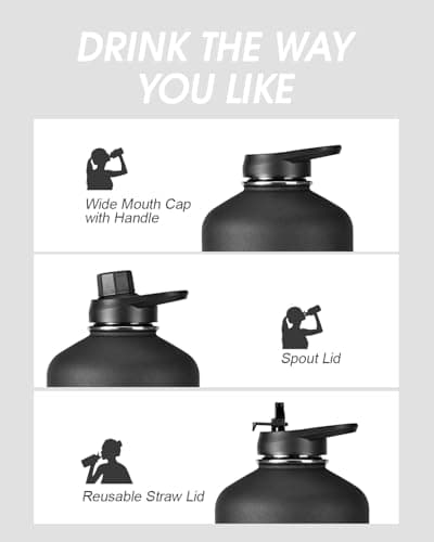 Coolflask 128 oz Insulated Water Bottle with PU Sleeve, Polar Black, Color Contrast Straw Lid