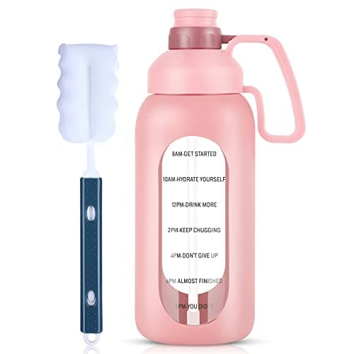 Aqulea Glass Water Bottle - 64 Oz, Straw, Pregnancy Tracker, Leakproof Gym Bottle with Sleeve — Pink