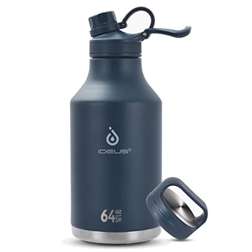 Ideus Insulated Stainless Steel Water Bottle, 64oz Gray for Hiking and Biking — Navy Blue - 2 Lids