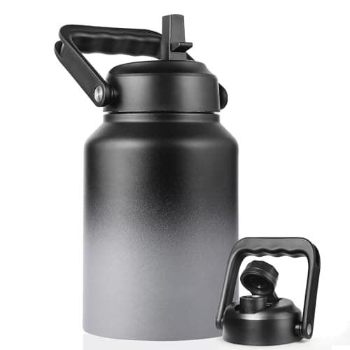 Thermal Insulated Water Bottle, 64oz Black, Stainless Steeljug with Straw — Grey&Black