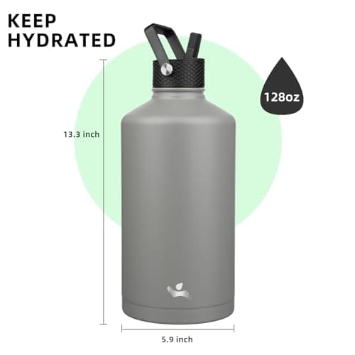 Gray Double Wall Insulated Water Bottle, 128 oz, 3 Lids, Paracord Handle, Carrying Bag