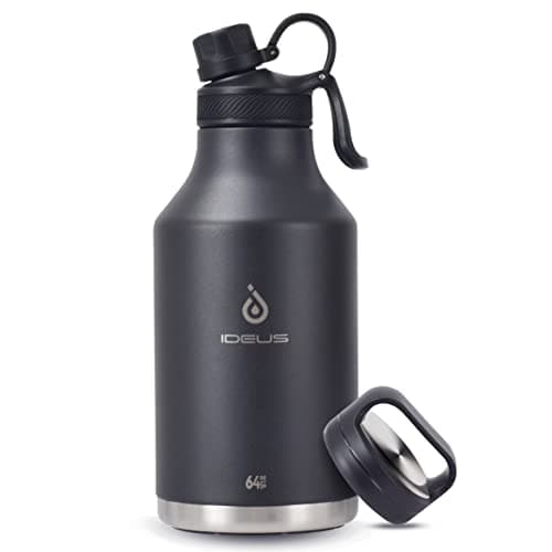 Ideus Insulated Stainless Steel Water Bottle, 64oz Gray for Hiking and Biking — Black - 2 Lids