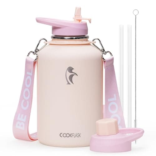 Coolflask 64oz Insulated Stainless Steel Water Bottle, Keep Cold 48h Hot 24h, Leak Proof — Pink Apricot