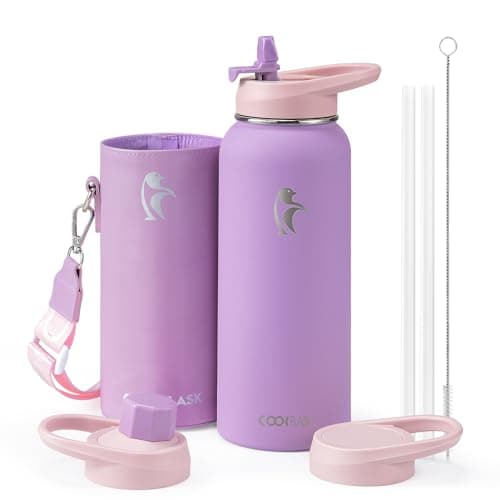 Coolflask 128 oz Insulated Water Bottle with PU Sleeve, Polar Black, Color Contrast Straw Lid — Lilac Purple