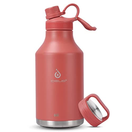 Ideus Insulated Stainless Steel Water Bottle, 64oz Gray for Hiking and Biking — Red - 2 Lids