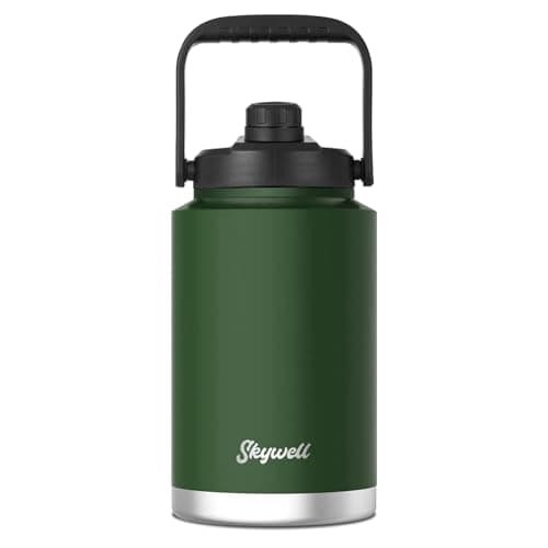SkyWell 1 Gallon Insulated Stainless Steel Water Jug, Sweat-Proof & Leak-Proof, Wide Mouth, Olive