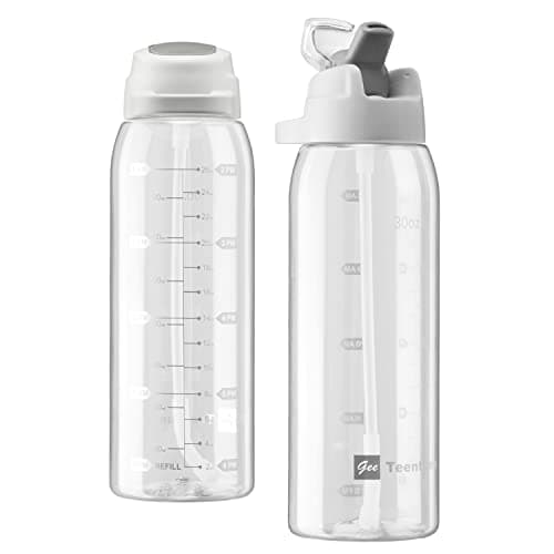 30oz Durable Time Marker Water Bottle for Gym Workouts and Travel — Straw Version Clear