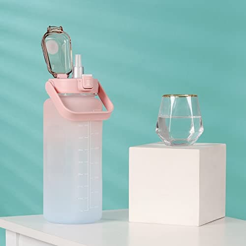 Motivational Straw Water Bottle, BPA Free, 64 Oz (Pink/Blue)