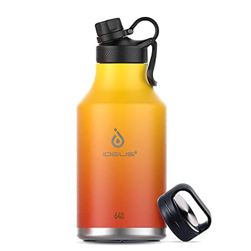 Ideus Insulated Stainless Steel Water Bottle, 64oz Gray for Hiking and Biking — Yellow - 2 Lids