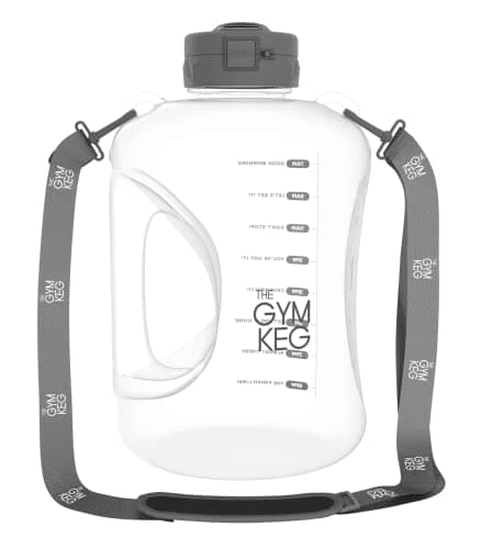 GYM KEG 1 Gallon Water Bottle, 128oz Sports Jug with Straw | BPA-Free, Leakproof, Motivational Time Markings — Transparent Light-Grey