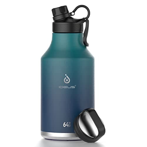 Ideus Insulated Stainless Steel Water Bottle, 64oz Gray for Hiking and Biking — Indigo - 2 Lids