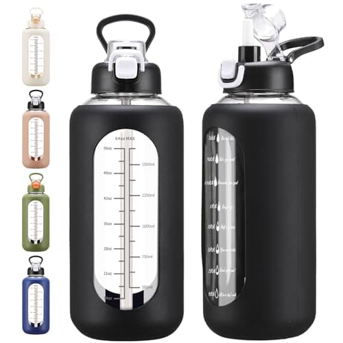 Large 64 oz Motivational Water Bottle with Straw & Time Marker — Black