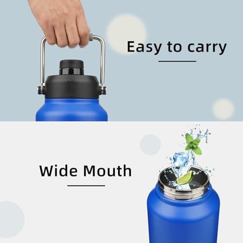 128 oz Insulated Blue Double Wall Stainless Steel Water Bottle with Handle & Pouch