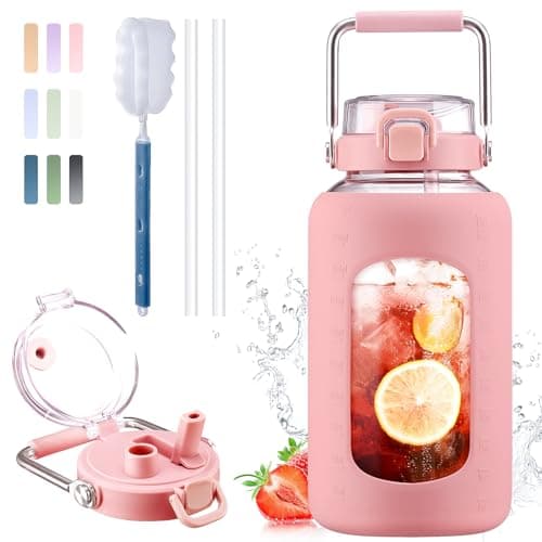 BLUEGO 84oz BPA Free Glass Water Bottle with Stainless Steel Handle and Silicone Sleeve — Pink