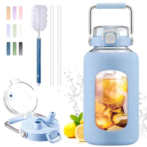 BLUEGO 84oz BPA Free Glass Water Bottle with Stainless Steel Handle and Silicone Sleeve — Blue