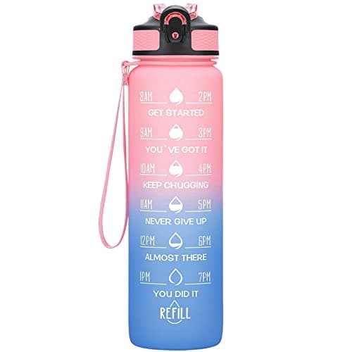 Hyeta 32 oz Motivational Water Bottle with Time Marker, Leakproof Fitness Bottle — Pink-Blue
