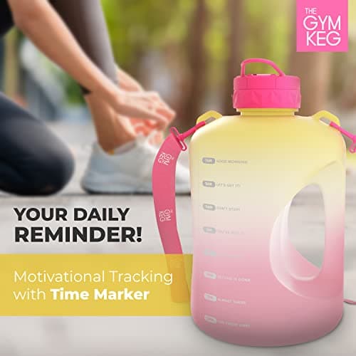 GYM KEG 1 Gallon Water Bottle, 128oz Sports Jug with Straw | BPA-Free, Leakproof, Motivational Time Markings