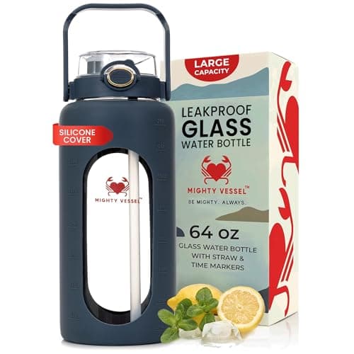 Leakproof Glass 64 oz Water Bottle with Straw - Pregnancy Hydration Tracker — Dark Blue