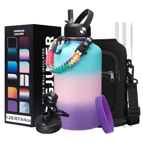 1 Gallon Stainless Steel Insulated Water Bottle with Strap & Sleeve, Straw Lid & Boot Protection — Green Pink Purple Gradient