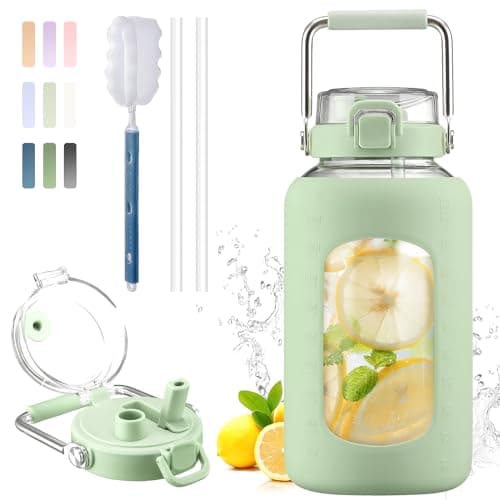 BLUEGO 84oz BPA Free Glass Water Bottle with Stainless Steel Handle and Silicone Sleeve — Light Green