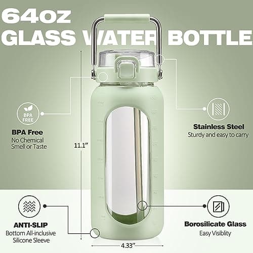 Motivational 64oz Glass Water Bottle with Straw and Stainless Handle