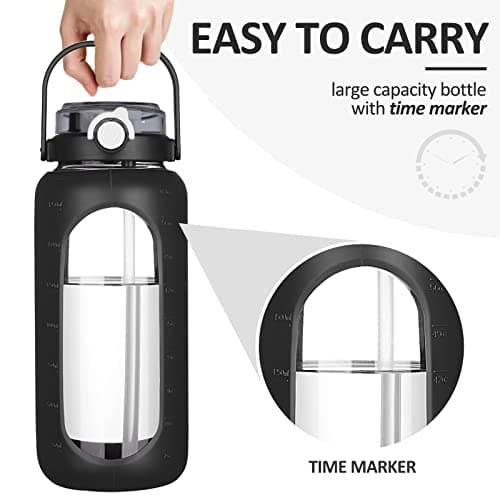 BLUEGO 64oz Glass Water Bottle with Straw & Time Marker, Black
