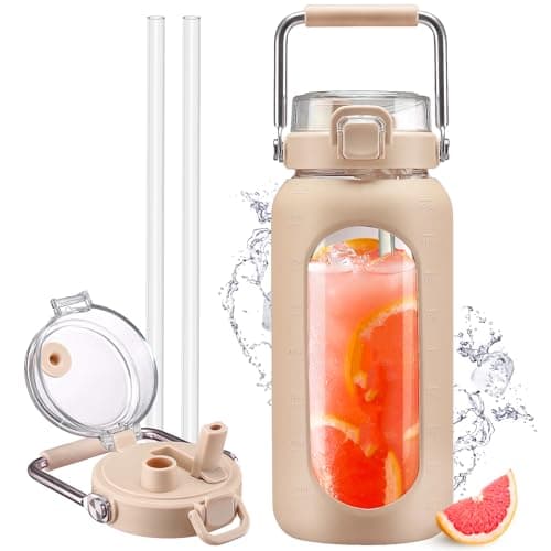 Motivational 64oz Glass Water Bottle with Straw and Stainless Handle — Amber