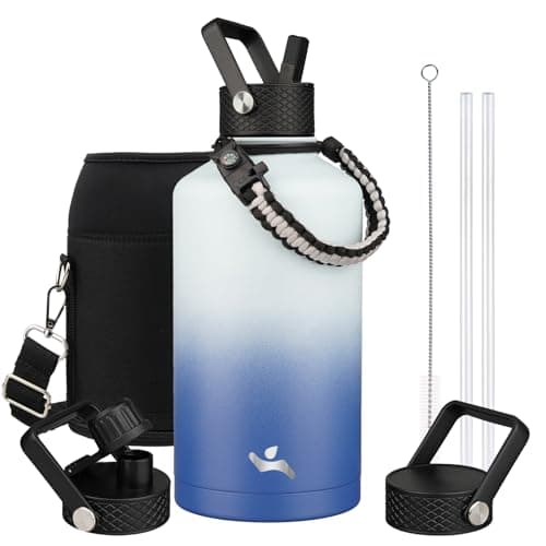 Gray Double Wall Insulated Water Bottle, 128 oz, 3 Lids, Paracord Handle, Carrying Bag — Sky