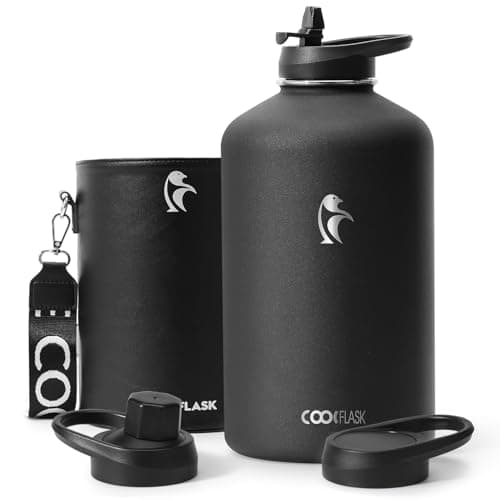 Coolflask 128 oz Insulated Water Bottle with PU Sleeve, Polar Black, Color Contrast Straw Lid