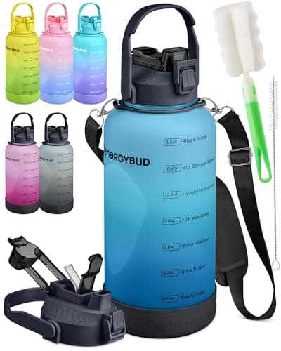 Tritan 1 Gallon Water Bottle with Straw & 6-in-1 Cap | Leakproof, Motivational Markers | No BPA — Blue & Black