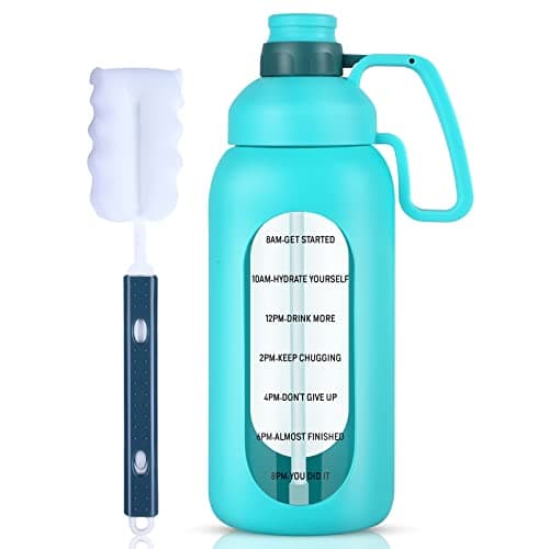 Aqulea Glass Water Bottle - 64 Oz, Straw, Pregnancy Tracker, Leakproof Gym Bottle with Sleeve — Teal