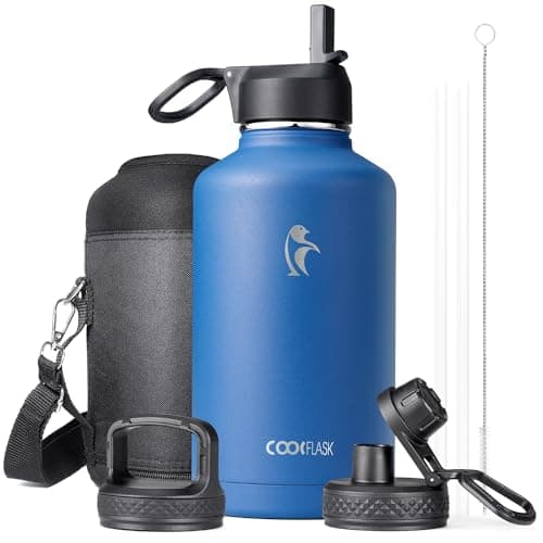 Coolflask Insulated Water Bottle, 64 oz Wide Mouth, Straw & 3 Lids, Keeps Cold 48H, Hot 24H, Samurai Cyan — King's Blue