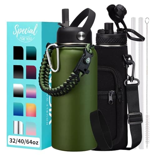 Thermo Mug Water Bottle with Straw & Auto Spout, Paracord Handle & Strap Carrier — ArmyGreen