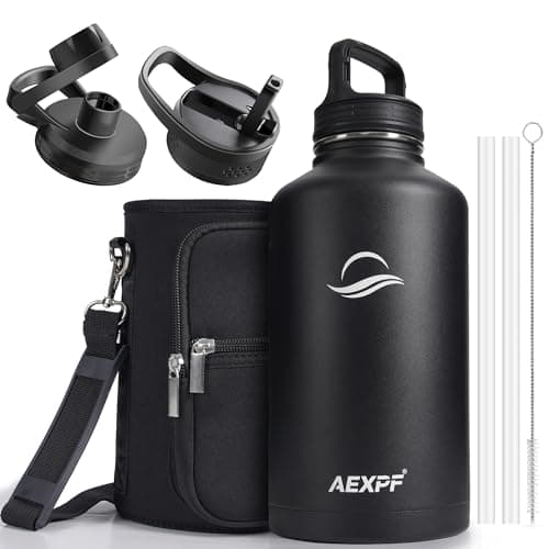 Large Insulated Water Jug, 64 oz Stainless Steel Straw Bottled for Gym and Camping, Black