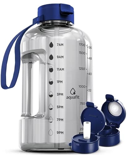 AQUAFIT 64 oz Water Bottle with Time Marker - Gym and Fitness Lovers - Easy Carry with Straw Lid, BPA Free and Half Gallon Capacity (Gray, 64 Ounces)  
AQUAFIT 64 oz Water Bottle with Time Marker - Perfect for Workouts - Large Capacity Straw Bottle w