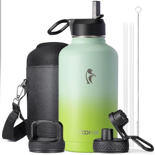 Coolflask Insulated Water Bottle, 64 oz Wide Mouth, Straw & 3 Lids, Keeps Cold 48H, Hot 24H, Samurai Cyan — Ombre Green