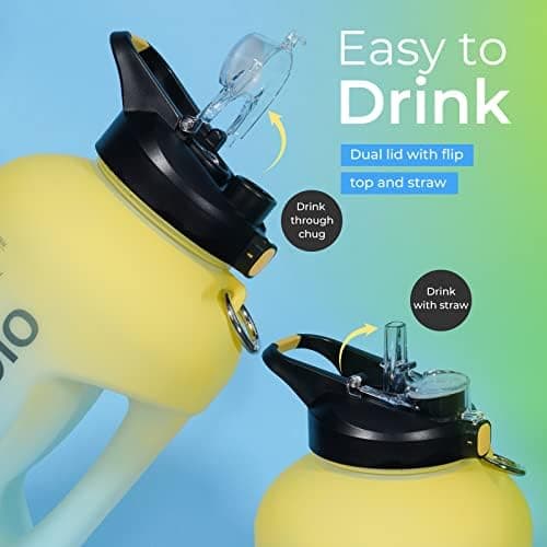 128oz BPA Free Water Bottle with Straw & Time Marker (Yellow/Blue)