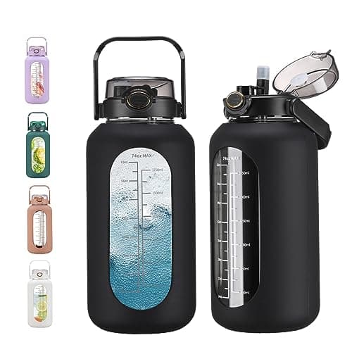 Large Motivational Water Bottle with Time Marker and Silicone Sleeve 2.2L Gym Workout — Black