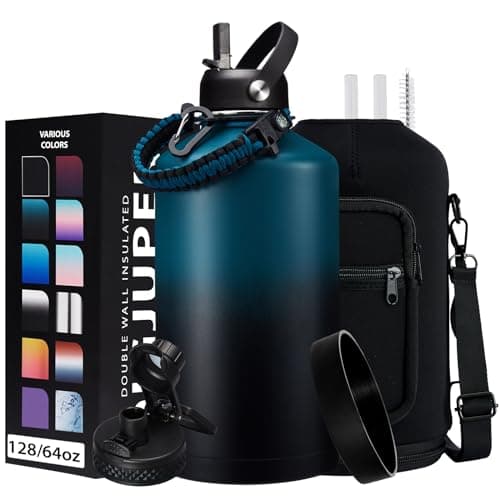 1 Gallon Stainless Steel Insulated Water Bottle with Strap & Sleeve, Straw Lid & Boot Protection
