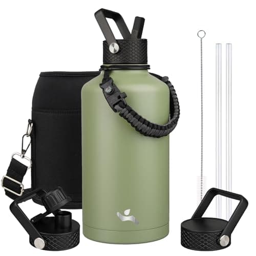 Gray Double Wall Insulated Water Bottle, 128 oz, 3 Lids, Paracord Handle, Carrying Bag — Camp Green
