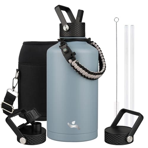 Gray Double Wall Insulated Water Bottle, 128 oz, 3 Lids, Paracord Handle, Carrying Bag — Storm Blue