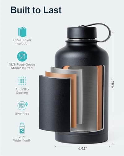 Buzio Insulated Stainless Steel Water Bottle 64oz, BPA Free, Cold 48 Hrs, Hot 24 Hrs