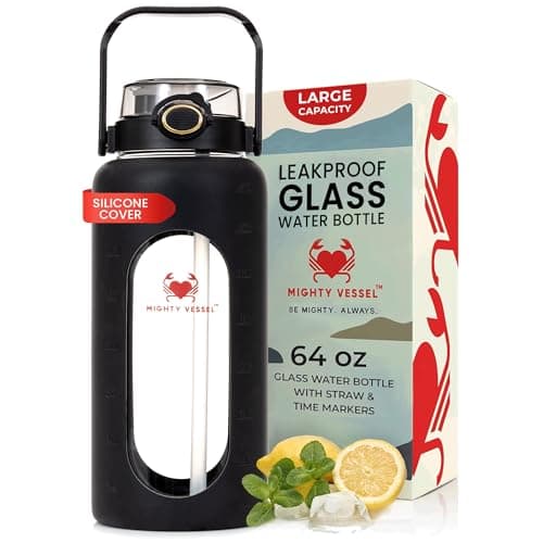 Leakproof Glass 64 oz Water Bottle with Straw - Pregnancy Hydration Tracker — Black