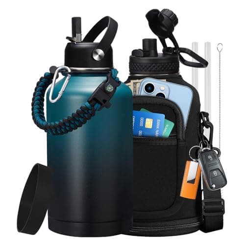 Thermo Mug Water Bottle with Straw & Auto Spout, Paracord Handle & Strap Carrier — Indigo Black