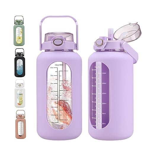 Large Motivational Water Bottle with Time Marker and Silicone Sleeve 2.2L Gym Workout — Purple