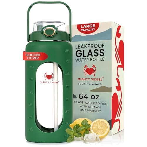 Leakproof Glass 64 oz Water Bottle with Straw - Pregnancy Hydration Tracker — Olive Green