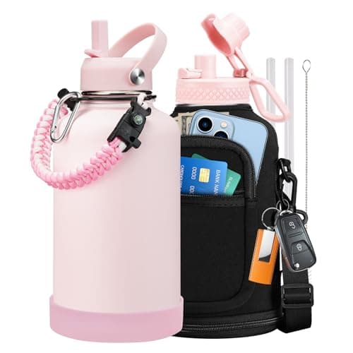 Thermo Mug Water Bottle with Straw & Auto Spout, Paracord Handle & Strap Carrier — Pink