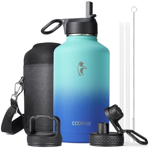 Coolflask Insulated Water Bottle, 64 oz Wide Mouth, Straw & 3 Lids, Keeps Cold 48H, Hot 24H, Samurai Cyan — Pacific Prince