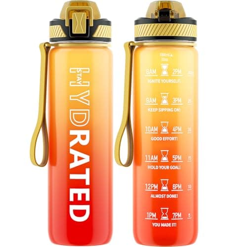 32oz Tritan BPA Free Water Bottle with Straw and Time Marker for Fitness — Yellow Red