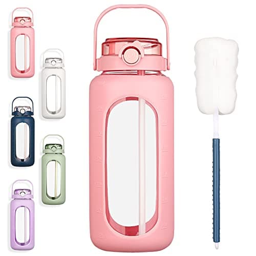 BLUEGO 64oz Large Glass Water Bottle with Straw & Time Marker, White — Pink